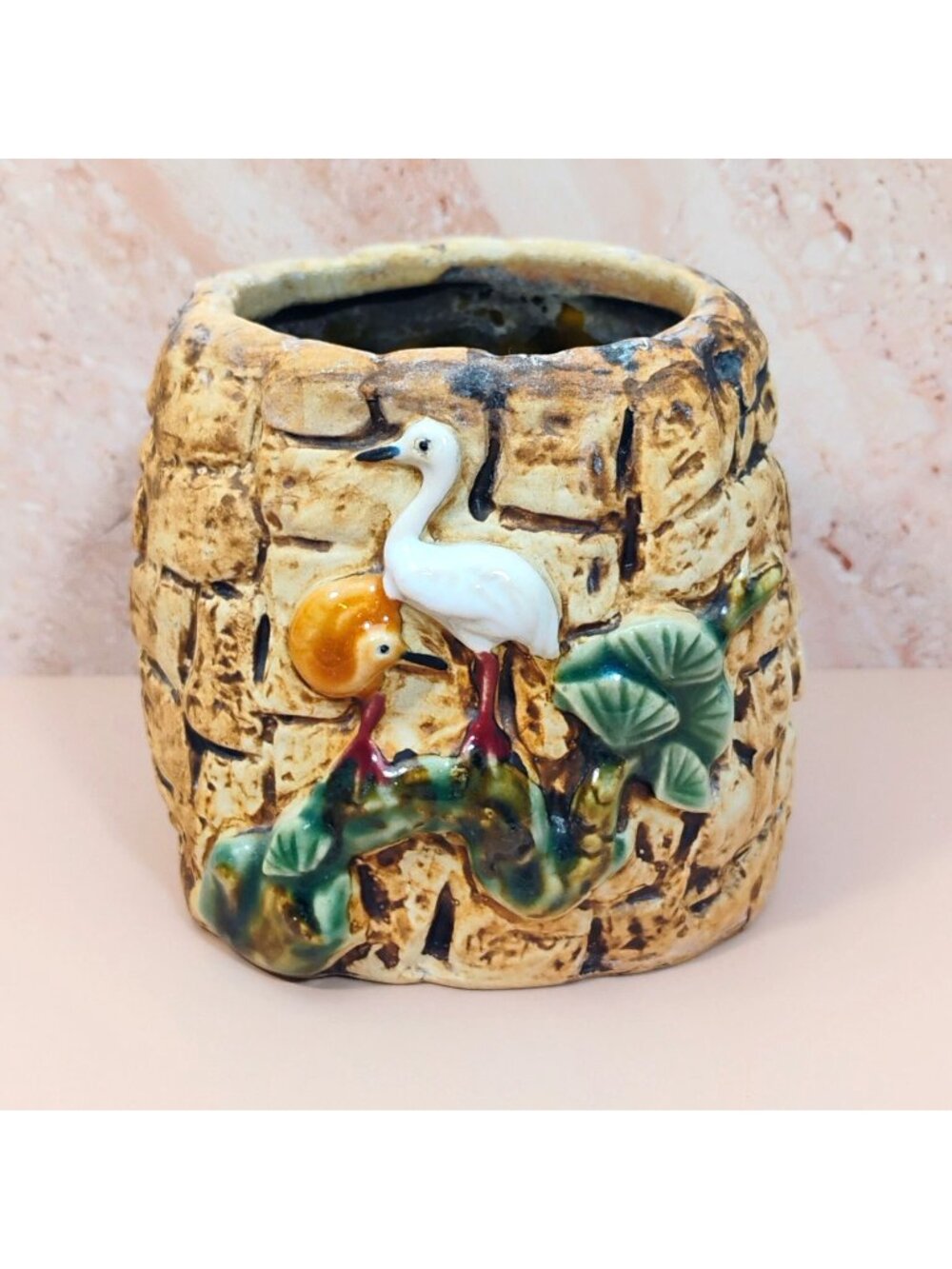Vtg Small Majolica Style Ceramic Planter w/Birds 3.25" x 3.25" Lucky Bamboo